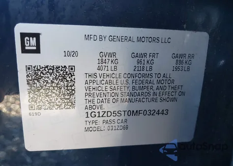 2021 Chevrolet Malibu Fwd Lt из США, поврежденный, VIN 1G1ZD5ST0MF032443